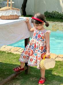 婴儿女孩 0-3 岁度假休闲短款盖袖波西米亚风格长裙，适合户外穿着，春夏季