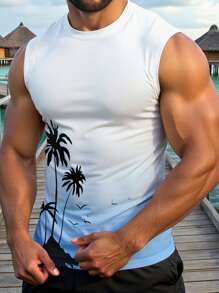 ResortEase Plus Size Men's Palm Tree Print Round Neck Casual Tank Top - Multicolor - View 1