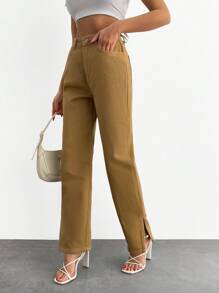 SHEIN Cottnline Women's Solid Color Front Button Pocket Simple Style Casual Denim Pants, Daily Wear - Brown - View 3