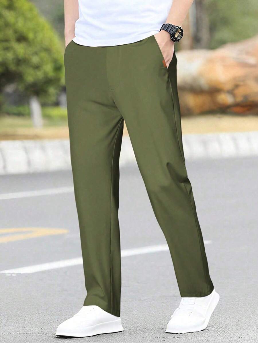 Manfinity Mode Men's Casual Solid Color Tapered Suit Pants Men Clothing Men Pants - Army Green - View 1