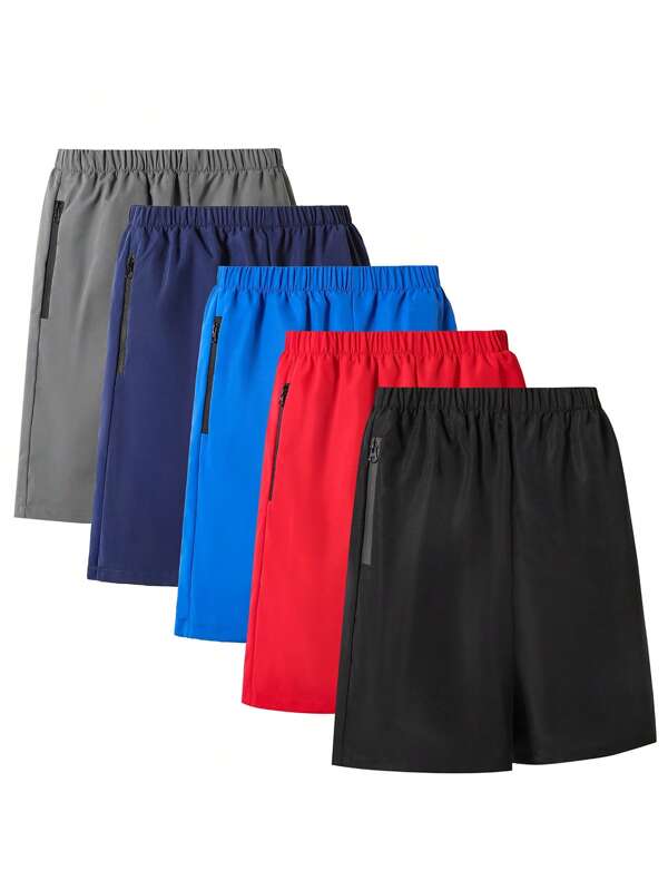 SHEIN Explorewe 5pcs/Pack Men & Teenage Boys Loose Fit Summer Casual Bermuda Shorts, Grey, Navy Blue, Sky Blue, Red, Black, Fashion Sport Outdoor Suitable Shorts, 5 Pcs Set