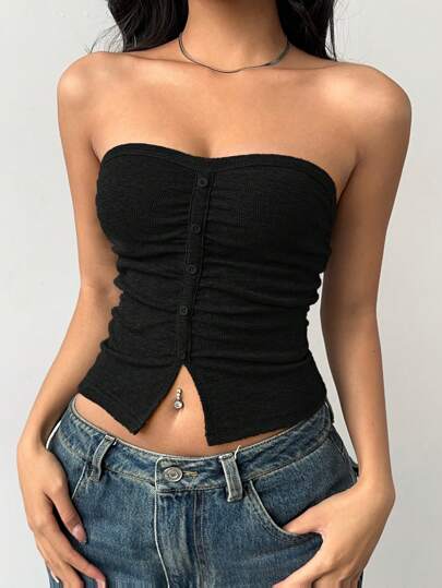 SHEIN BASICS 休闲纯色针织抹胸，修身短款女式衬衫