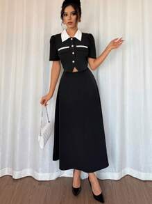 Chiquease Women's Elegant Commuter Solid Color Contrast Patchwork Polo Shirt Short Sleeve + Long A-Line Dress Set - Black - View 3