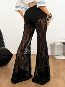 Coolane 女士夏季俱乐部性感乡村音乐会 Y2K 黑色蕾丝喇叭裤 - 黑色 - 查看 2