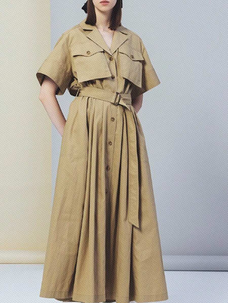 FRIFUL 女式纯色翻领短袖实用口袋中长衬衫裙太阳裙 - 卡其色 - 查看 1