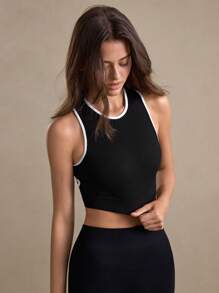 SHEIN Sports Women's Sleeveless Crop Top: Black And White Contrast Trim, Round Neck, Ribbed Fabric Cut Out Detail Athletic Tank Top - Black and White - View 7