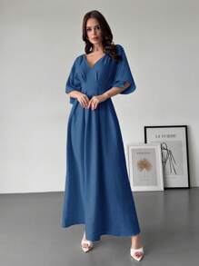 Firerie 全新优雅大伞裙杏色露肩短袖仿麻褶皱女装连衣裙 - 藍色 - 查看 2