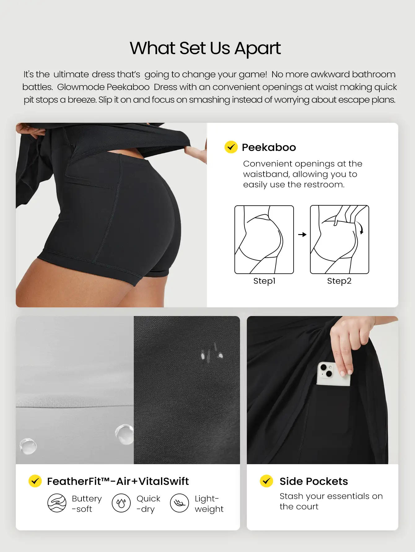 GLOWMODE Quick-Dry Plus Size Built-In Cups Crisscross Strap Back Drawstring Waist Peekaboo Dress With Built-In Shorts Low Impact Tennis Active Daily Casual - Black - View 2