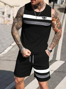Manfinity Homme Set di gilet e pantaloncini casual da uomo in stile urban con design a righe e patchwork