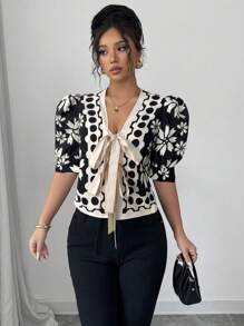 Elenzga 对称花卉度假休闲系带蝴蝶结装饰优雅短袖衬衫 - 彩色 - 查看 4