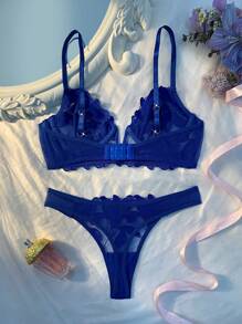 Esselle Set de 2 piezas lencería negra de estilo clásico francés con sujetador de escote en V y pantie - azul real - Ver 2