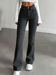 SHEIN Tall Women's High Waisted Pockets Flare Casual Versatile Jeans