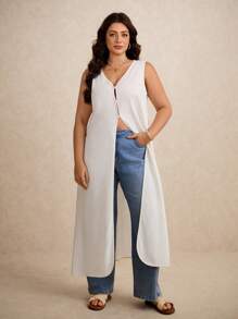 Elaquor 大码女式休闲无袖开衩长款衬衫，夏季