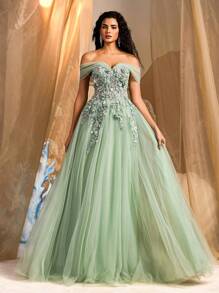Glamrae Elegant And Gorgeous Light Green Off-Shoulder Luxury 3D Floral Lace Beads Bright Floral Appliques Contrast Mesh Oversized Hem Tutu Dress Suitable For Wedding Events, Bachelorette Party, Vacation, Graduation Season Prom Dinner Dress (Heavy Duty Design), Formal, Gown, For Evening, Wedding Guest - Green - View 7