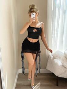 Sweetina Women's Polka Dot Print Asymmetric Ruched Mesh Overlay Mini Skirt - Black and White - View 1