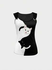 Women Cat Print Round Neck Casual Camisole