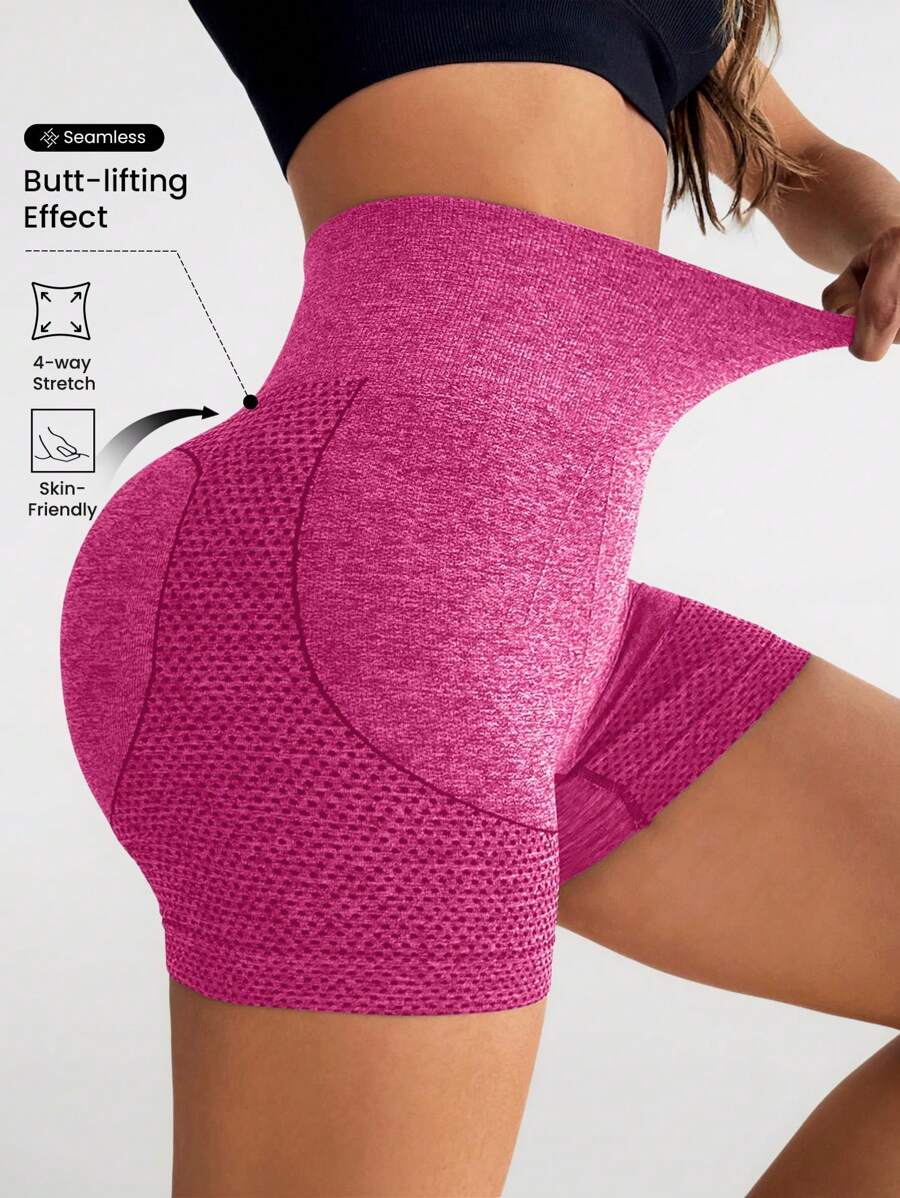 SHEIN Sports Quần short thể thao cạp rộng co giãn Quần short thể thao nữ, Quần short tập gym, Quần short đi xe đạp - Màu Hồng Tươi - Xem 1