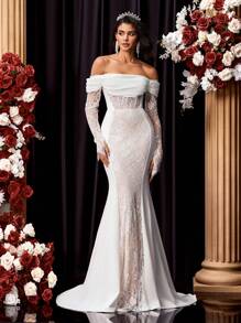 Glamrae Vestido de novia de cola de sirena con hombros descubiertos y encaje, con tren, para la novia