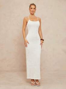 Lumalex Vestido ajustado con espalda al aire, cuello de camisa y textura perforada para mujeres