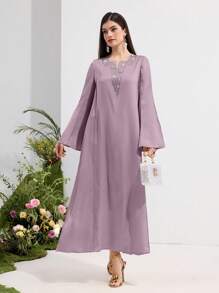 Al Najma Women's Elegant Rhinestone Embellished Bell Sleeve Arabic Style Dress, Modest