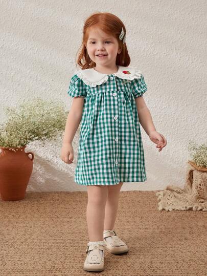 Blossori Baby flickor vår/sommar fransk elegant grön rutig klänning