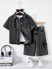 SHEIN Explorewe Bộ đồ denim bạc màu phong cách đường phố retro dành cho bé trai (2 món), thoải mái và đa năng, hàng mới năm 2025, phù hợp mặc hàng ngày. - màu đen - Xem 3