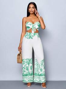 SOLERSUN Summer Women's Clothing, Casual Vacation, White Background Orange Flowers, Sleeveless Tube Top, Front Center Tie, Back Pleated Top, Loose Wide-Leg Pants Suit, Woven Two Pieces Suit