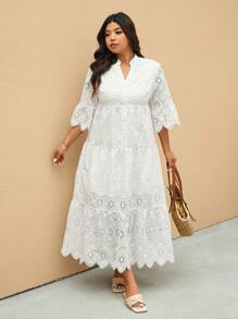 Elaquor 大码简约镂空刺绣缺口领连衣裙，度假风格，夏季