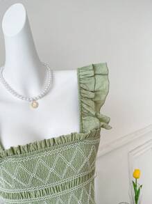 Comfortcana 女士度假休闲荷叶边下摆连衣裙，鼠尾草绿色连衣裙，波西米亚风女装 - 綠色 - 查看 3