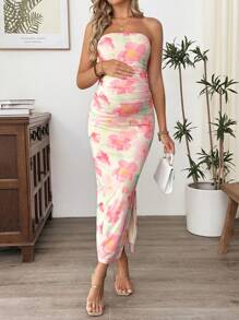 SHEIN Pregnant Women Floral Print Ruched Fitted Dress For Beach Holiday Maternity Dress - Multicolor - View 1