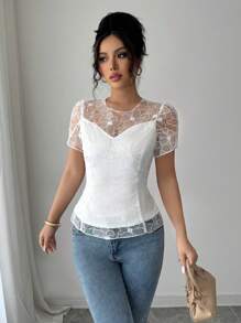 Elenzga Blusa casual corta con scollo a V, senza maniche, stile romantico in tinta unita con dettagli luccicanti, adatta per appuntamenti, feste, Pasqua, elegante stile francese, per l'estate