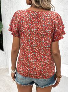 EMERY ROSE Blusa de cuello redondo con volantes y mangas raglán con estampado floral diminuto para vacaciones de mujer