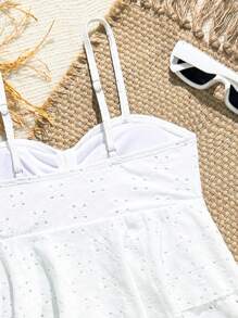 2pcs Teen Girl Beach Holiday Style White Hollow Ruffled Tankini Swimsuit Set