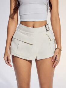 SHEIN EZwear Women's Simple Solid Color Wrap-Around Front Pocket Denim Shorts For Summer - Apricot - View 7