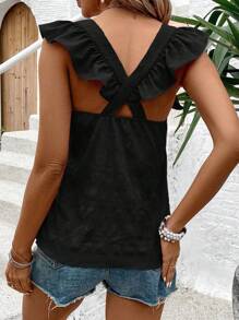 EMERY ROSE Vacation Casual Solid Color Flutter Sleeves Criss-Cross Back Blouse - Black - View 2
