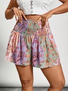 SHEIN VCAY Shorts plus size casuais com estampa floral e cintura ajustável com cordão, estilo boho country, para mulheres, ideais para férias. - Multicolorido - Ver 5