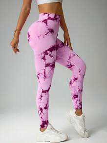 Gameset SHEIN Sport 扎染印花高腰无缝瑜伽紧身裤 - 粉色 - 查看 3