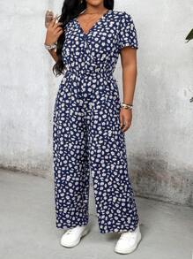 SHEIN LUNE Plus Size V-Neck Short Sleeve Jumpsuit, Minimalist & Fashionable, Suitable For Summer - Navy Blue - View 2