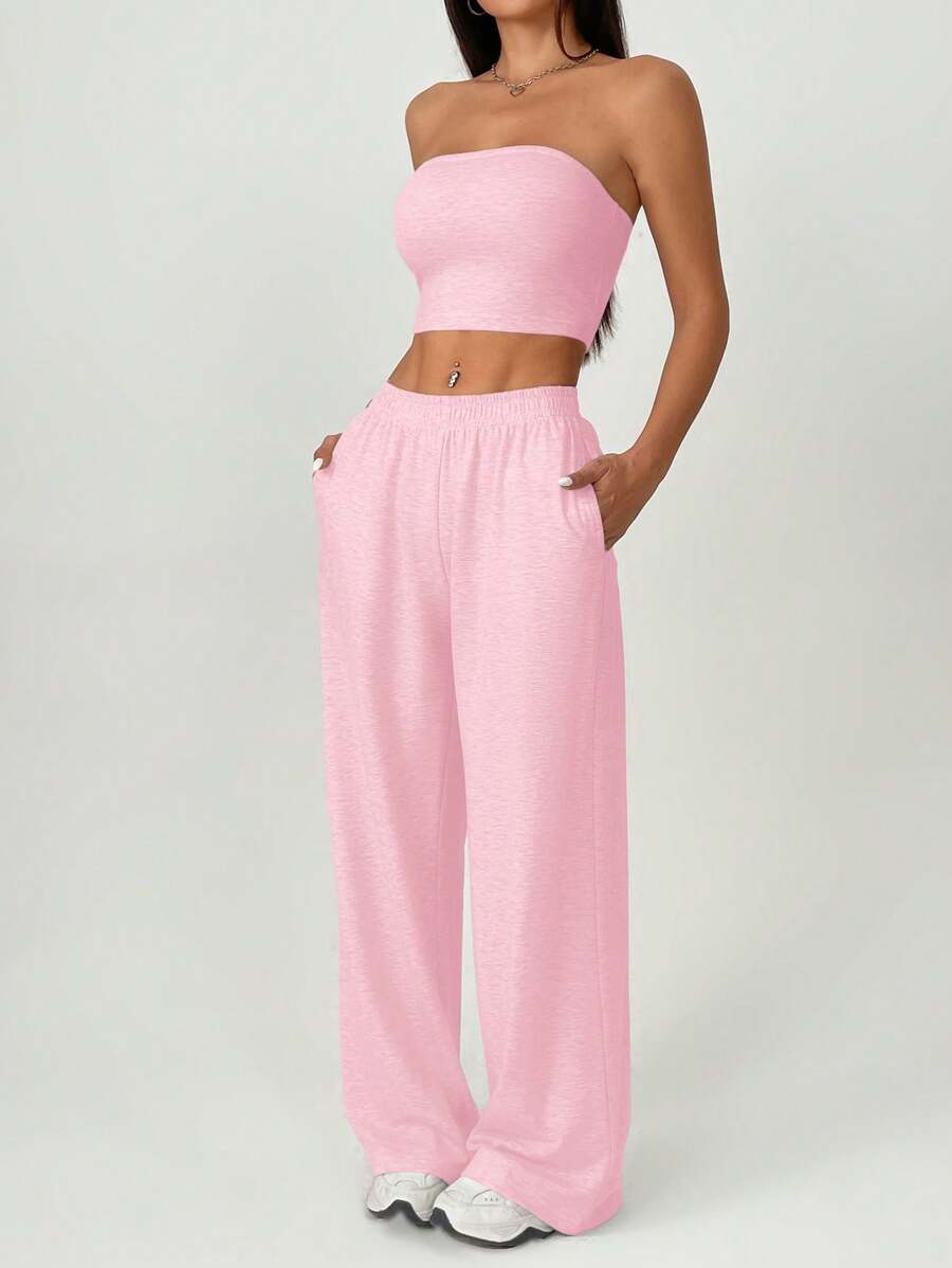 SHEIN PETITE Women's Solid Color Casual Trousers Two Pieces Set - Pink - View 1
