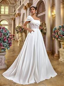 Glamrae 优雅浪漫白色亮片缀饰缎面不对称颈部垂褶透视拼接长裙、婚纱、新娘 - 白色 - 查看 5