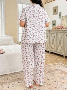 CottageSlumber Plus Size Printed Lace Splice Crew Neck Short Sleeve Top And Pants Loungewear Set, Bountiful Floral Splendor Cozy And Elegant Details