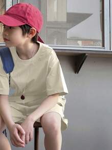 DAZY 2pcs/Set Tween Boy Solid Color Round Neck Short Sleeve T-Shirt And Shorts Casual Outfit - Apricot - View 5