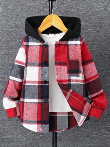 SHEIN Young Boy Plaid Print Button Front Hooded Jacket - Red - View 4