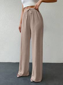SHEIN Tall سراويل كاجوال للنساء قطنية الطول بتصميم معقود بلون سادة - بيج - مشاهدة 3