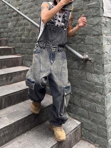 Manfinity EMRG Bộ đồ liền thân denim có túi hộp thường ngày cho nam - Màu xanh lam - Xem 6