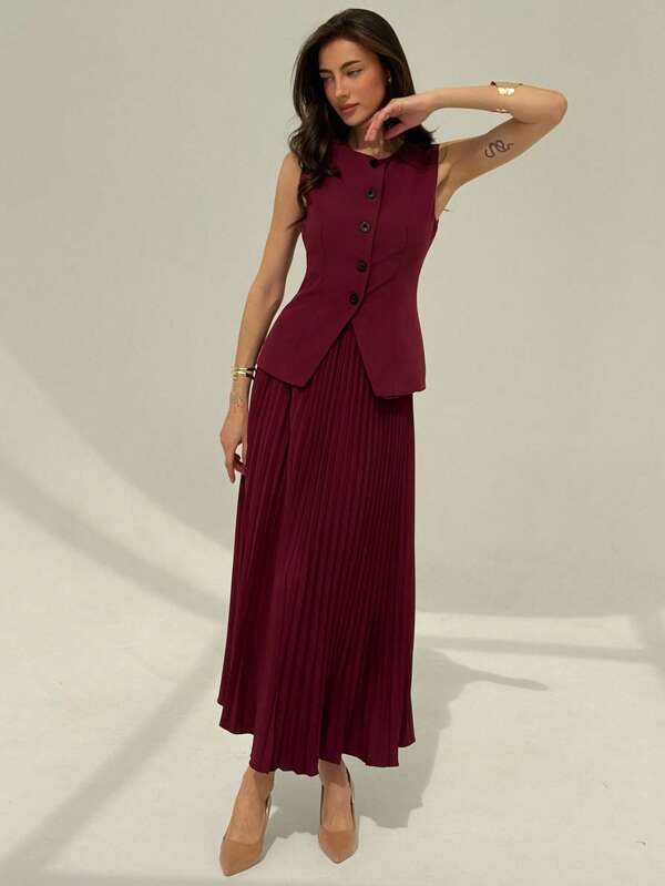 Aloruh Women's Solid Color Vest + Pleated A-Line Skirt Suit,Business Casual Woman