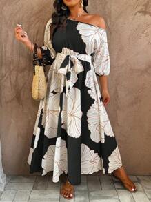 SHEIN Clasi 大码女式节日花卉印花不对称领口灯笼袖优雅连衣裙