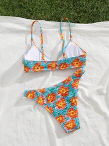 Swim Mod 2pcs/Set Sexy Floral Print Spaghetti Strap Crop Top And Bikini Set, Summer Vacation Style - Multicolor - View 3