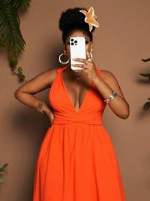 Maweii Plus Size Women's Solid Color Deep V-Neck Spaghetti Strap Tie Waist Ruffle High Waist Beach Dress, Spring/Summer New - Orange - View 7