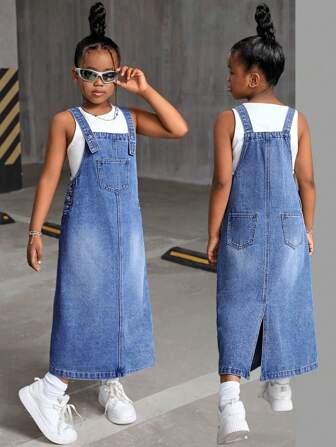 SHEIN Robe salopette en jean délavé long style Y2K sans Top pour jeune fille, vêtements d'automne pour filles, tenues pour la rentrée scolaire